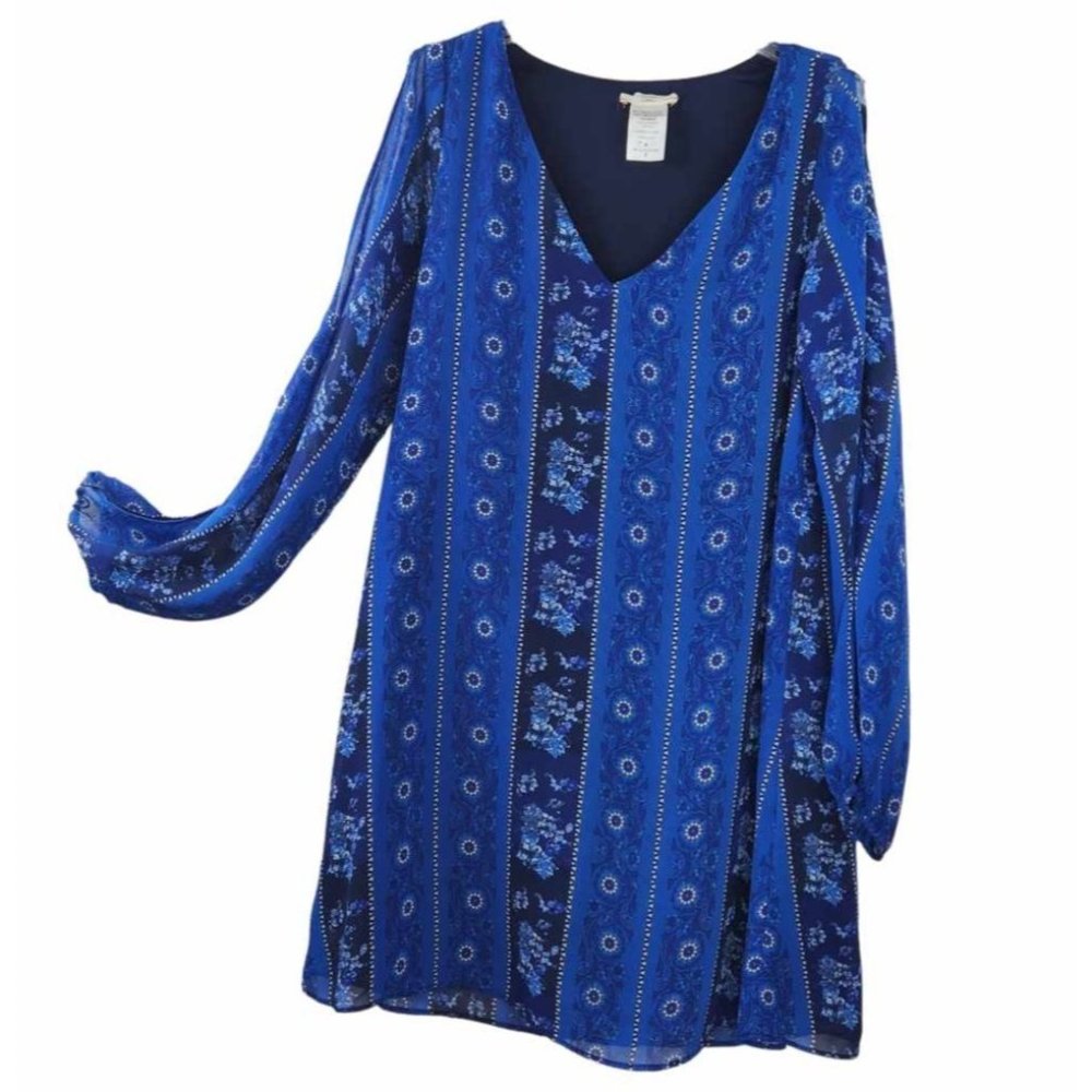 InTu sz Small Boho Print Short Flowy Sheer Blue Lined Bishop Long Slit Sleeve